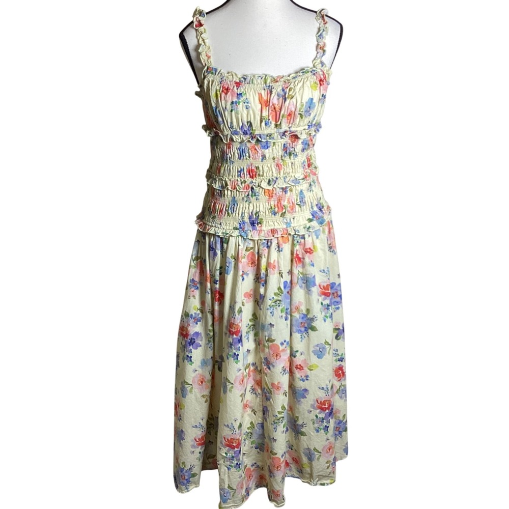 Petal + Pup Women's Yellow Floral Smocked Ruffle Midi Dress Size Medium Cotton
